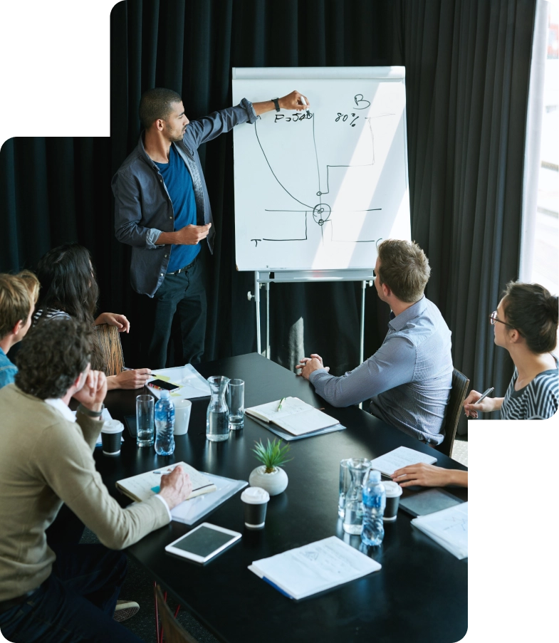 Business team collaborating on strategy and decision making for company growth and planning